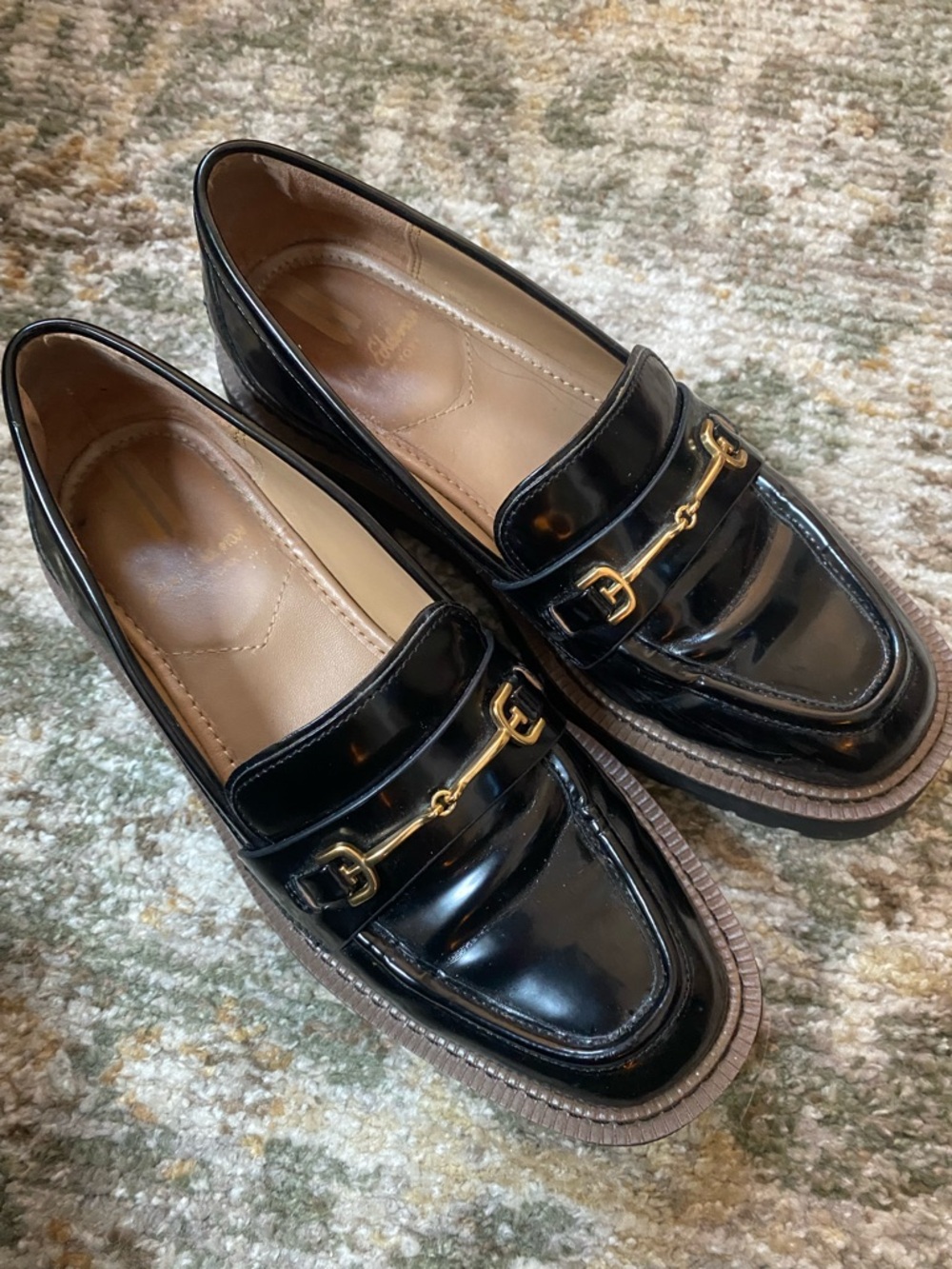 Sam Edelman Lea - Black Patent Loafers with Gold Horsebit